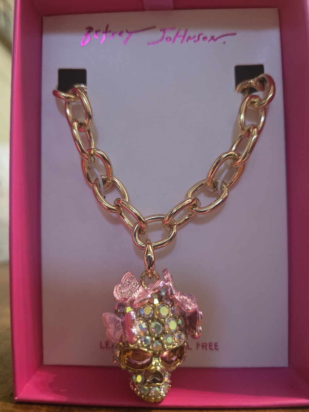 Betsey Johnson Gold Chain Necklace with Pink Crystal Skull Pendant